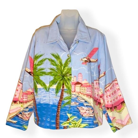 Tantrums Jackets & Blazers - Tantrums Blue Chambray Lightweight Denim Shacket Beach Scene Large